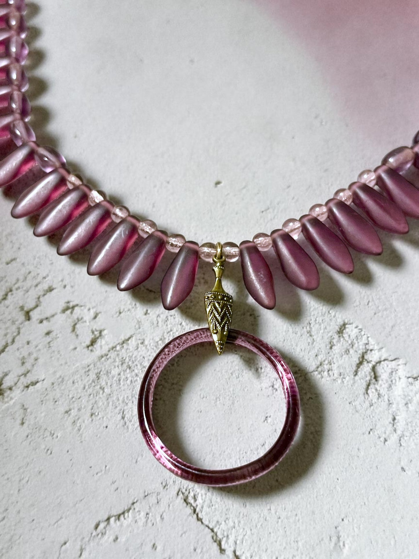 Art Deco Czech Purple Art Glass Vauxhall Ring Embossed Brass Setting Necklace