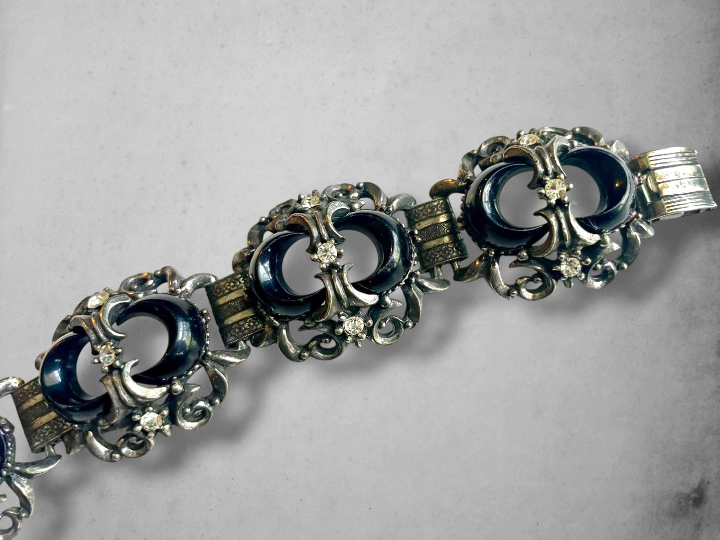 Victorian Booklink Chain Black Crescent Moon Crystal Panel Bracelet