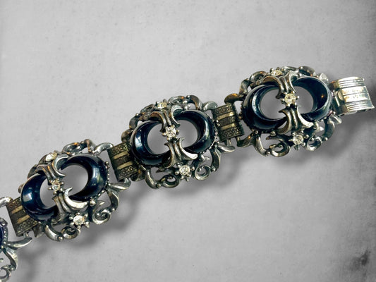 Victorian Booklink Chain Black Crescent Moon Crystal Panel Bracelet
