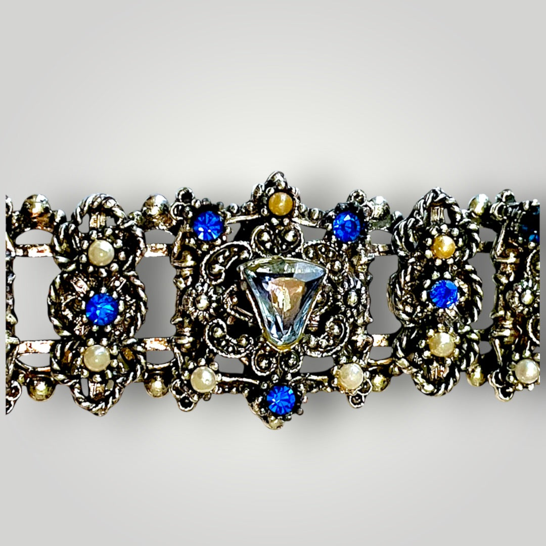 Stunning Multi Blue Crystal & Pearl Victorian Book Link Chunky Bracelet