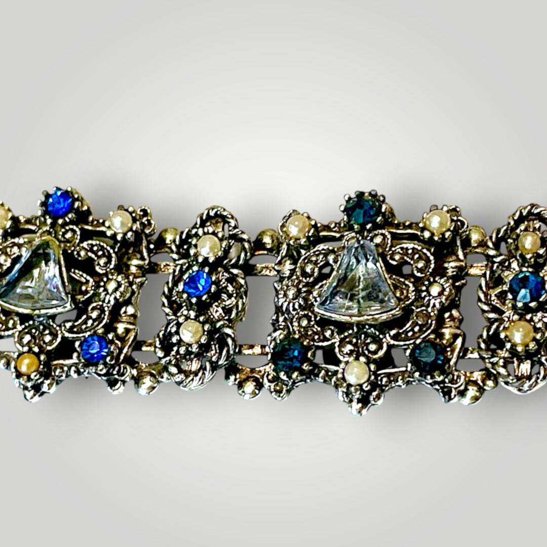 Stunning Multi Blue Crystal & Pearl Victorian Book Link Chunky Bracelet