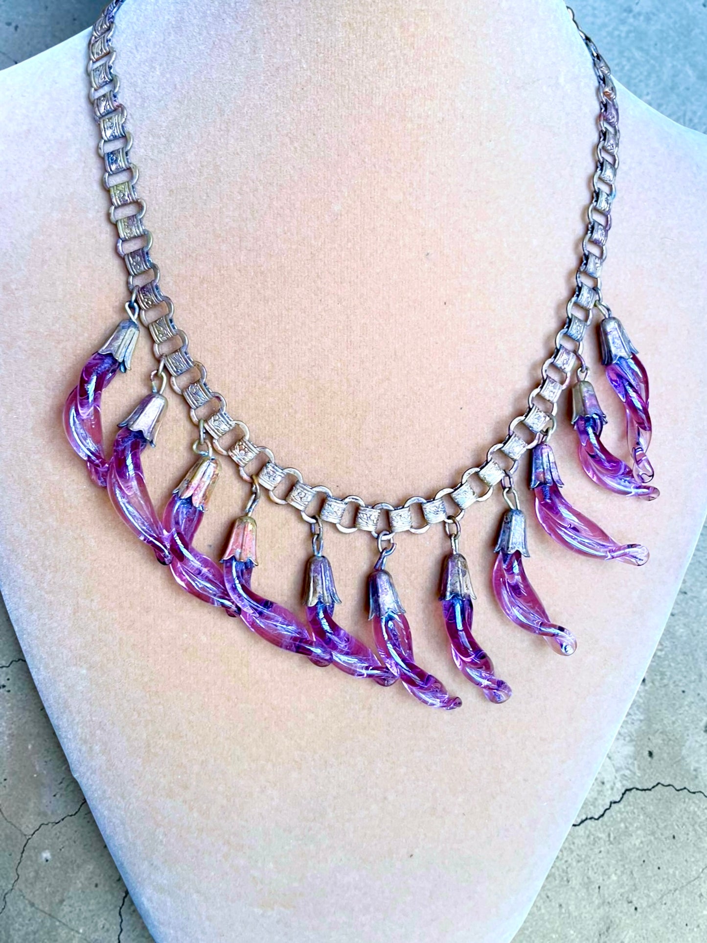Victorian Book-link Chain Purple Twisted Eggplant Czech Art Glass Festoon Bib Necklace