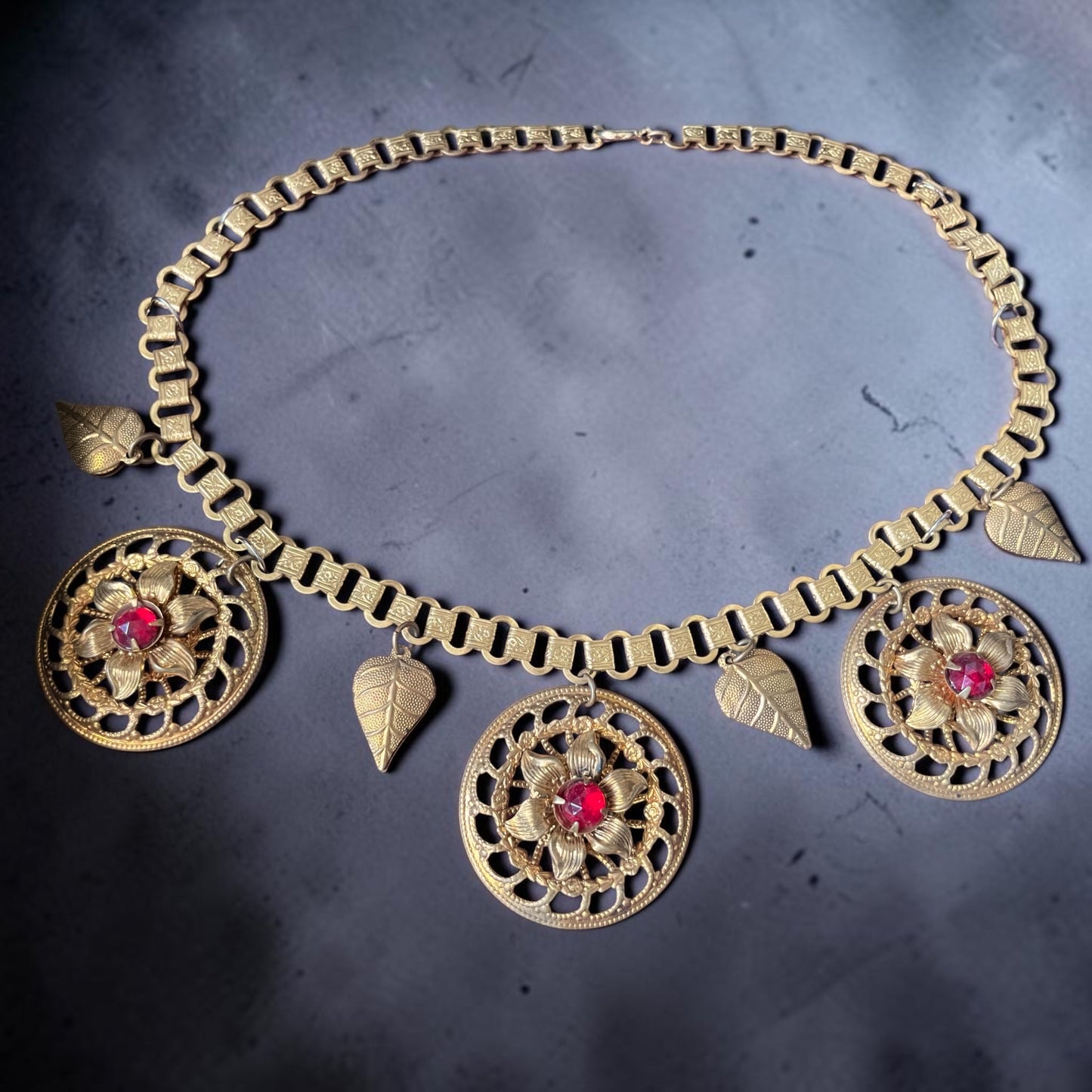 Victorian Bookchain Ruby Red Art Glass & Gold Filigree Leaf Charm Necklace