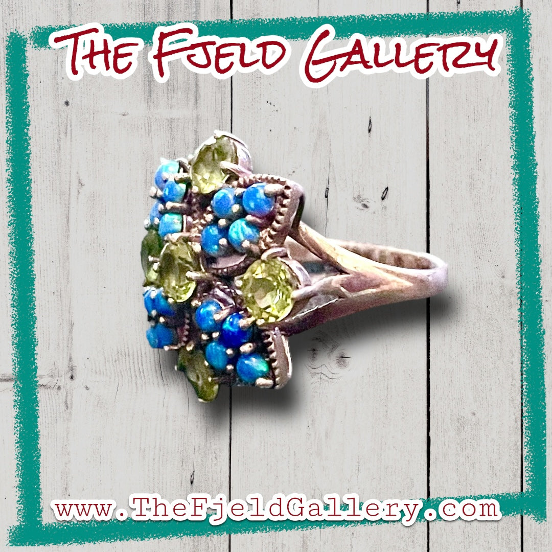 Peridot & Blue Fire Opal Flower Sterling Silver Ring