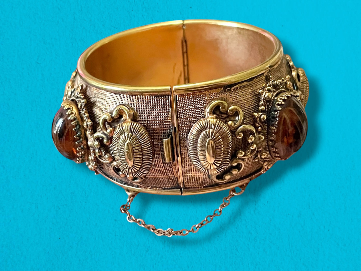 Ornate Amber Marble Art Glass Brass Domed Hinged Bangle Bracelet