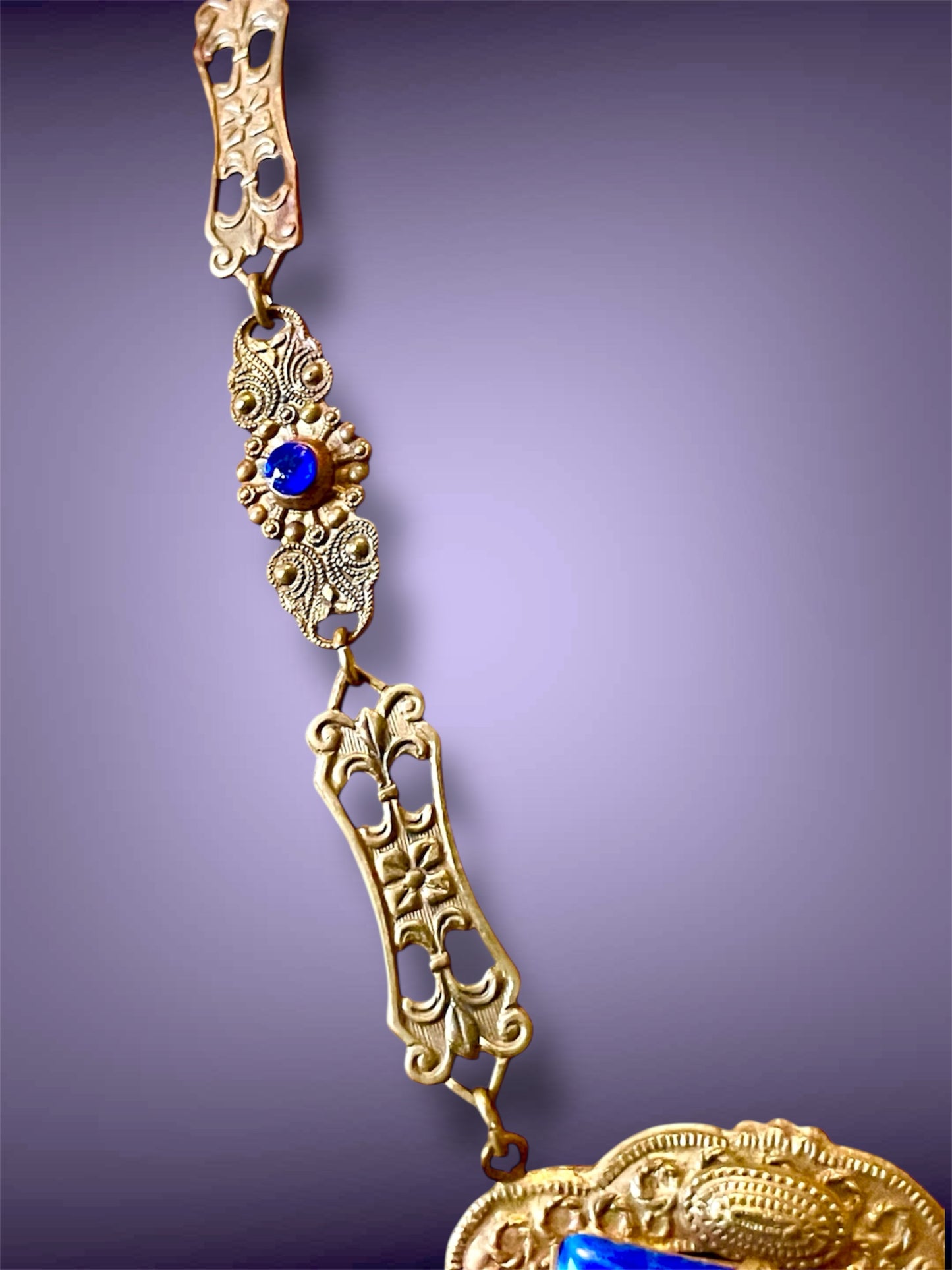 Czechoslovakian Brass Art Nouveau Floral & Flourish Lapis Blue Art Glass & Sapphire Crystal Necklace