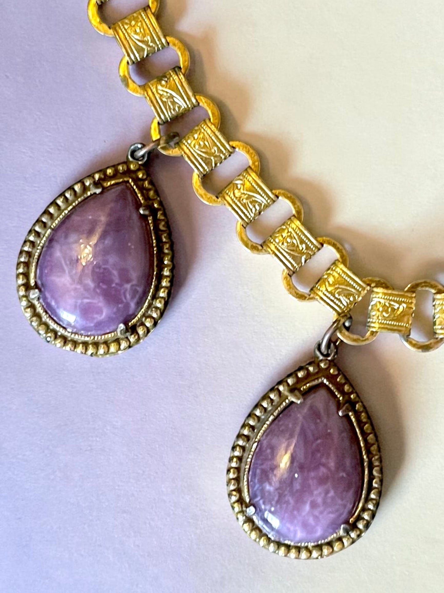 Incredible Victorian Booklink Chain Purple Marble Art Glass Festoon Necklace