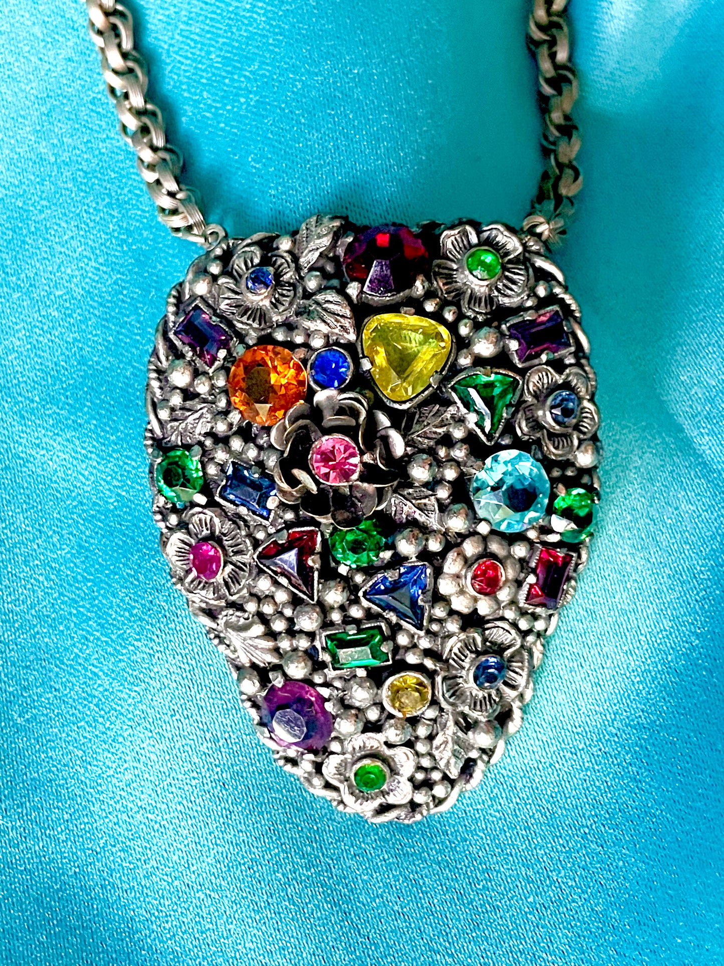 Incredible Fruit Salad Multicolor Rainbow Crystal Floral Art Nouveau Pendant Necklace