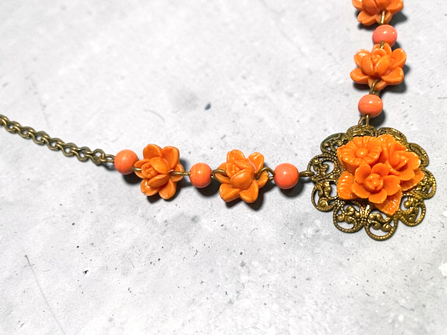Art Nouveau Coral Orange Pink Celluloid Flower & Art Glass Bead Brass Necklace