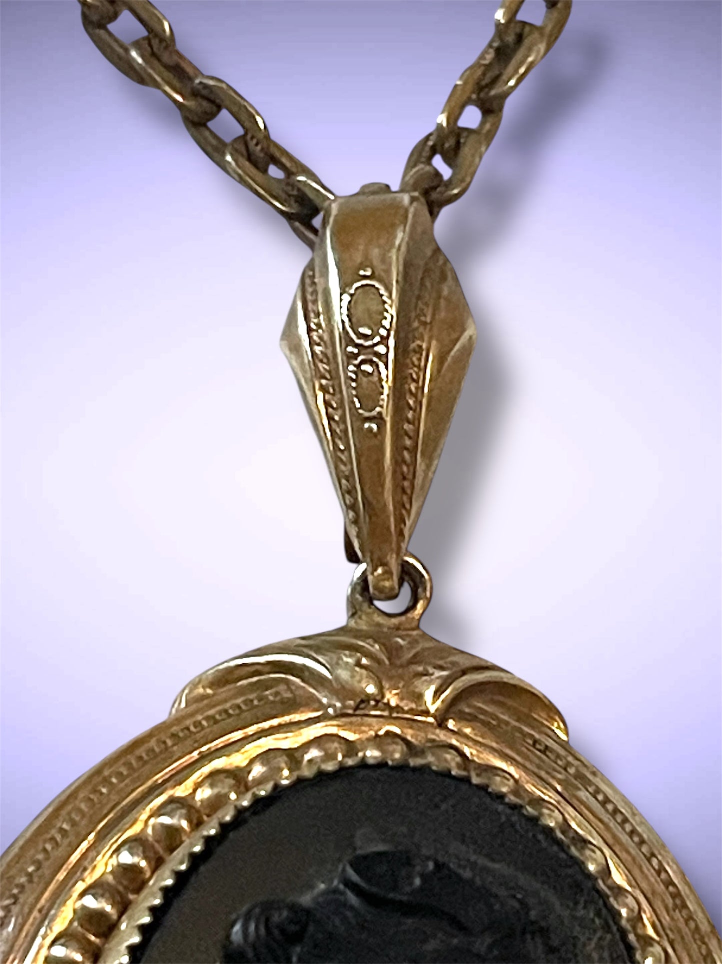 Antique Victorian Gilded Brass Repoussé Hollowwork Black Mourning Cameo Necklace