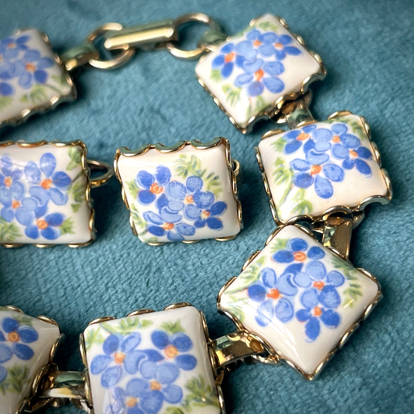 Vintage Blue Forget Me Not Flower Hand Painted Porcelain Limoge Panel Link Bracelet & Earring Demi Parure