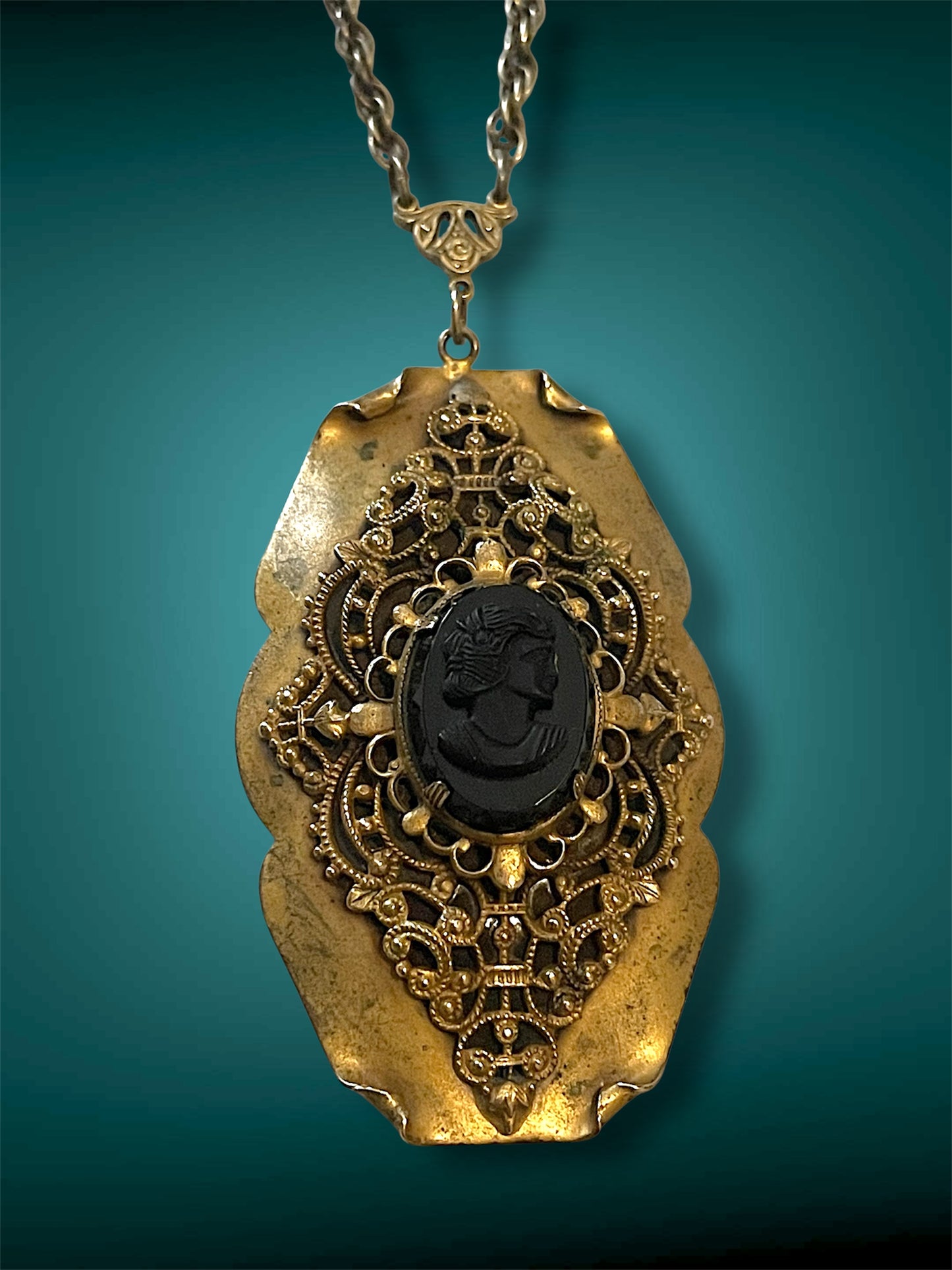 Victorian Black Mourning Cameo Brass Filigree Openwork Stamped Pendant Necklace