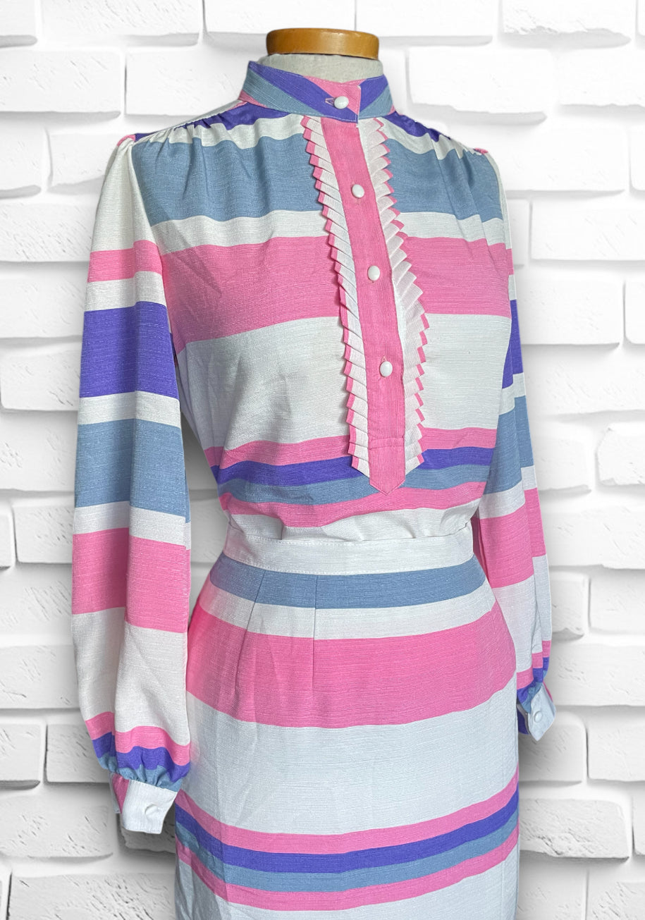 Vintage 1960’s Pink, Purple, White & Grey Striped Skirt & Long Sleeve Ruffle Shirt Set