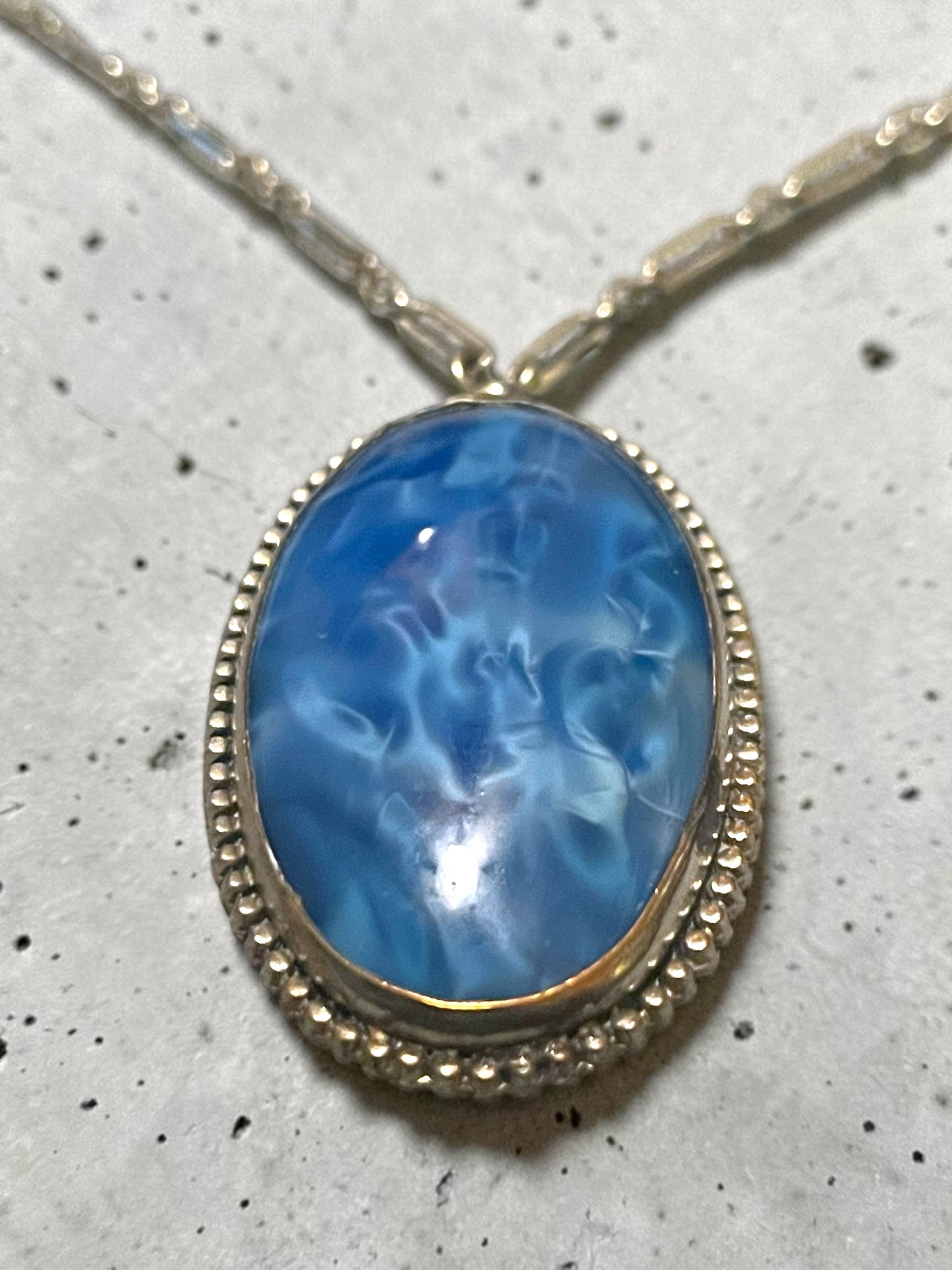 Art Deco Opalescent Blue Marble Art Glass Sterling Silver Chain Necklace