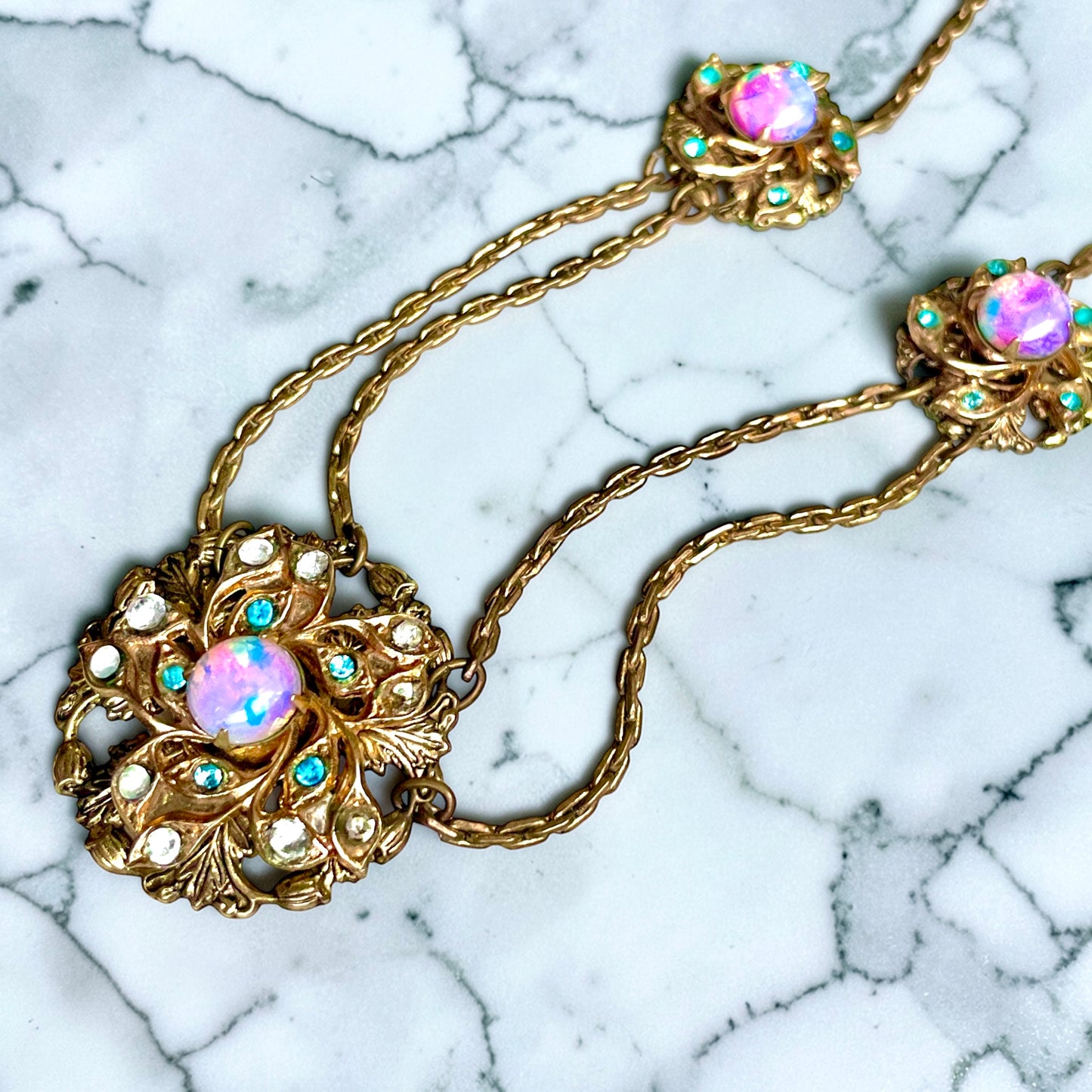 Edwardian Pink Gold Foil Art Glass Dragons Breath Fire Opal Festoon Necklace