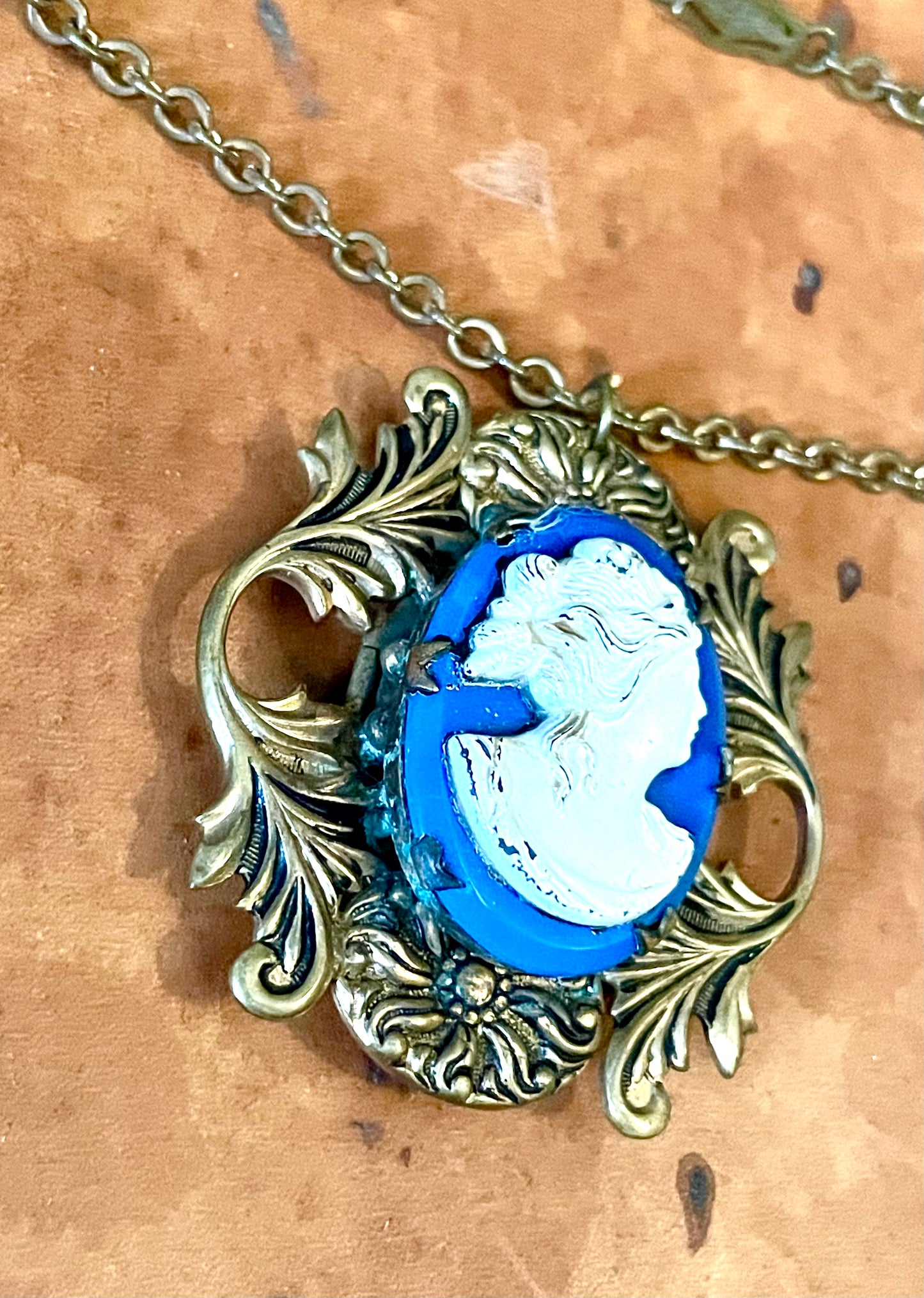 Art Nouveau Ornate Brass Blue & White Art Glass Cameo Locket Necklace