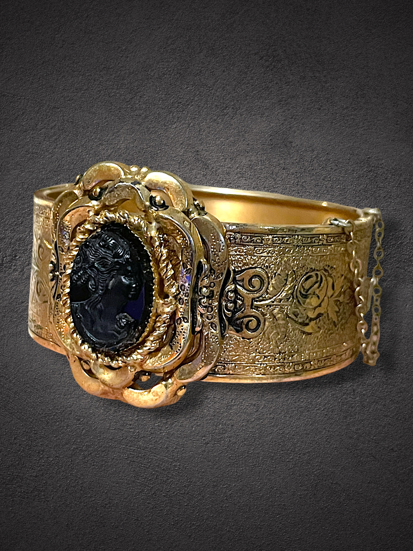 Victorian Gothic Black Glass Mourning Cameo Ornate Rose Engraved Rococo Hinged Bangle Bracelet