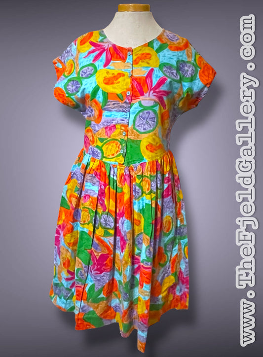 1990’s Bright Rainbow Flower & Fruit Pattern Button Bust Pocket Dress