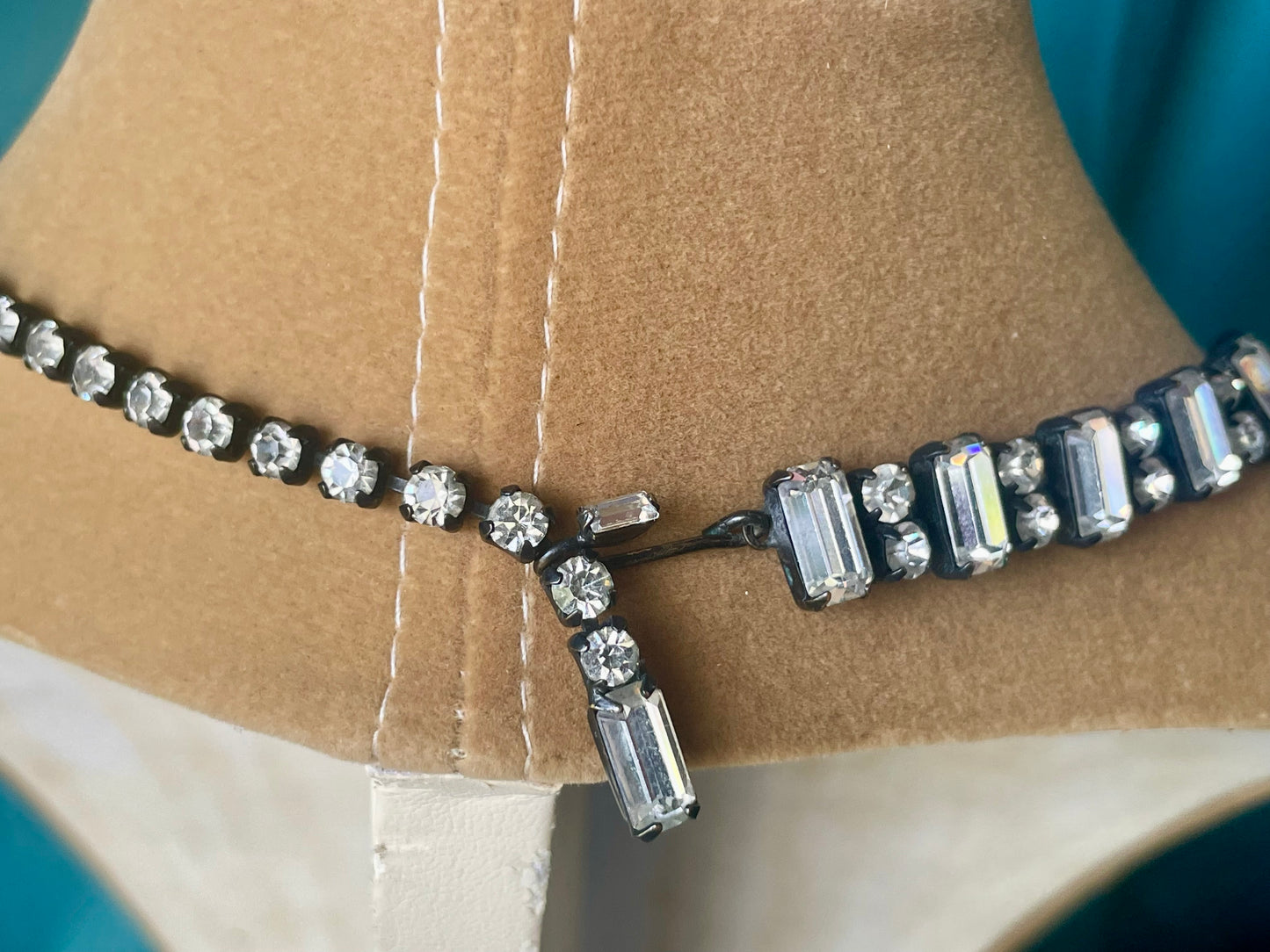 Prong Set Vintage Crystal Black Gunmetal Patina Bridal Choker Necklace