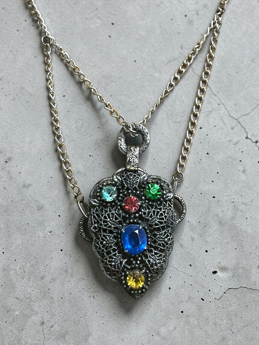 Czech Silver Filigree Fruit Salad Multi-color Leaded Past Stone Crystal Saphire, Emerald, Aquamarine, Ruby & Citrine Festoon Necklace