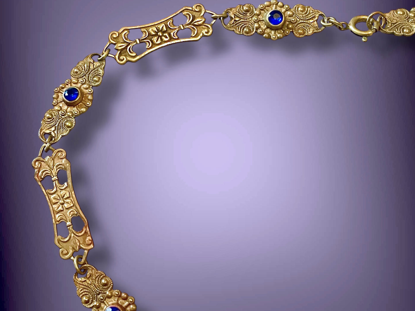 Czechoslovakian Brass Art Nouveau Floral & Flourish Lapis Blue Art Glass & Sapphire Crystal Necklace