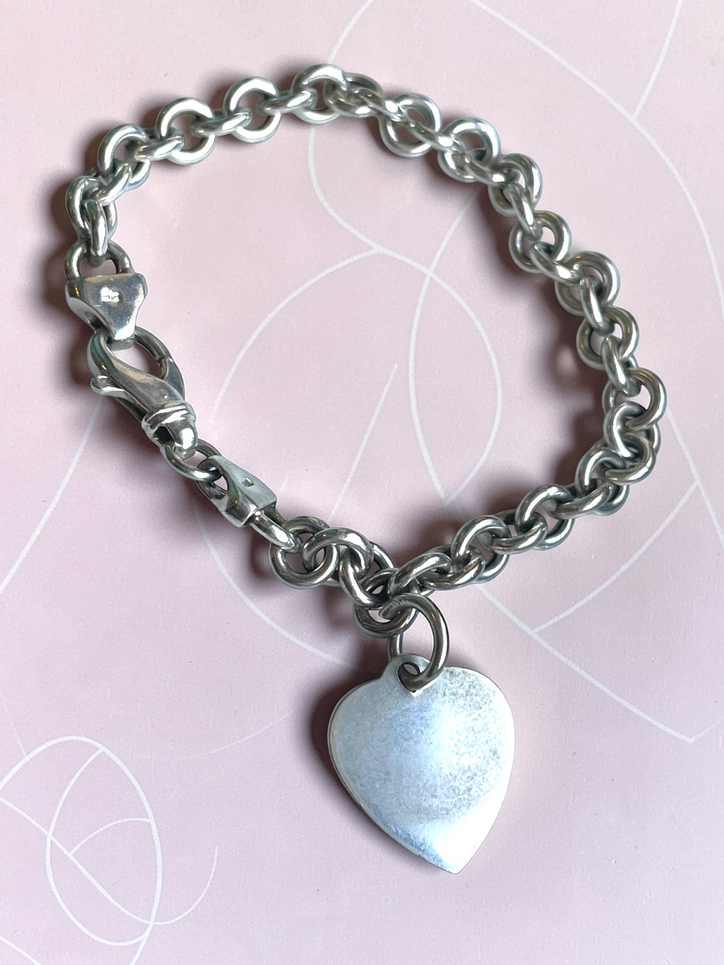 Vintage Solid Sterling Silver OTC Wide Rolo Chain Engravable Heart Charm Bracelet