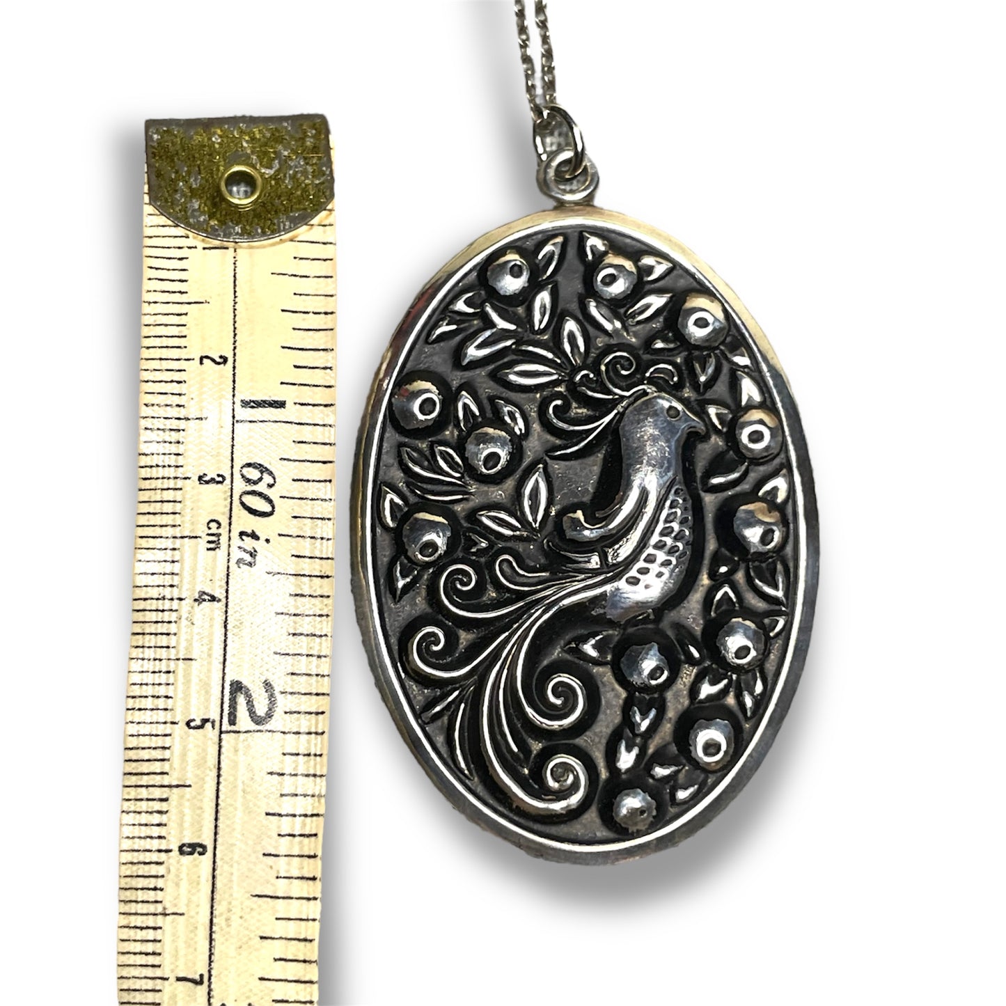 Sterling Silver Repoussé Oval Peacock Bird Necklace Pendant