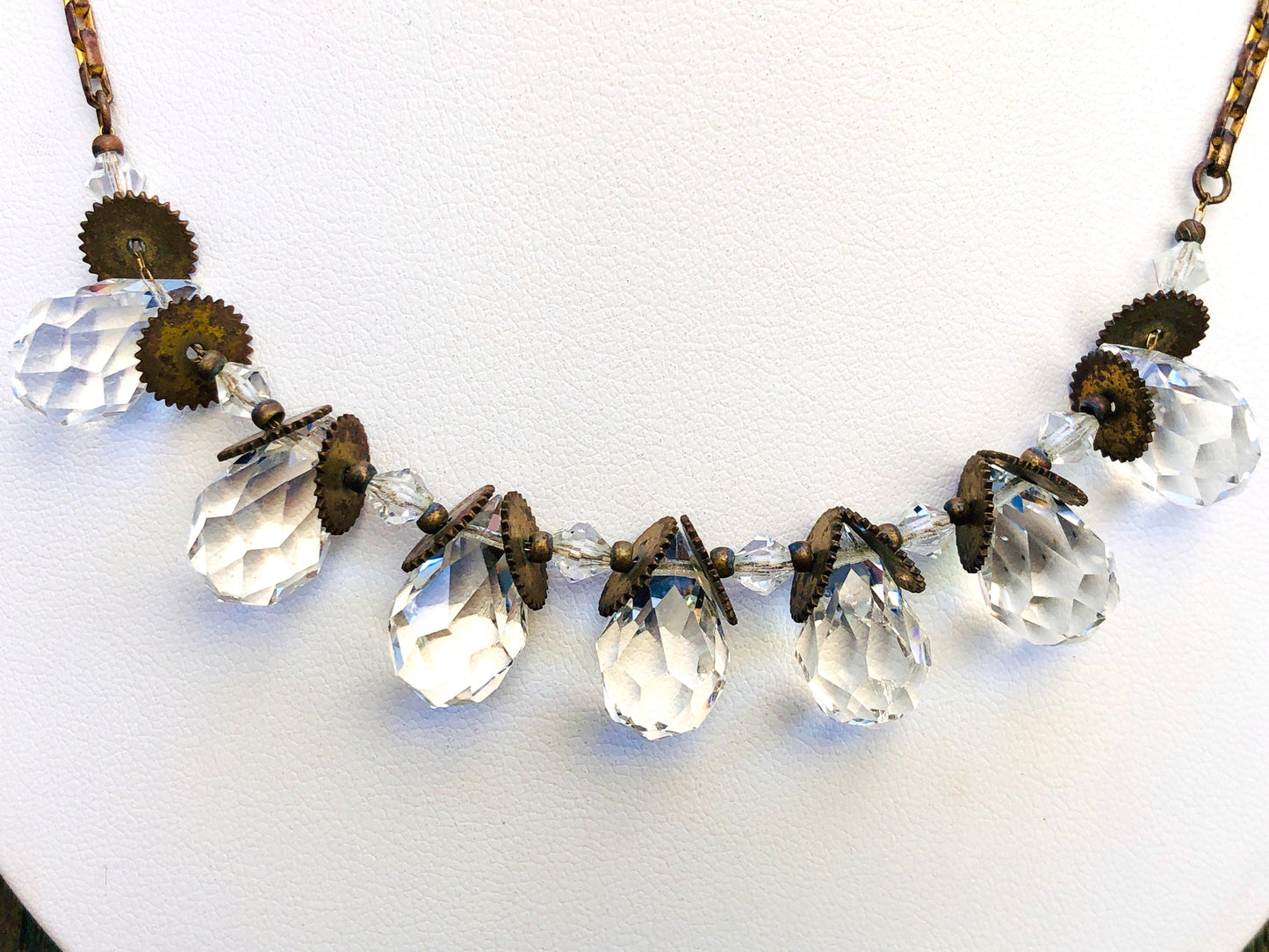 Antique Victorian Faceted Quartz Gemstone Briolette Teardrop & Brass Sawblade Festoon Necklace