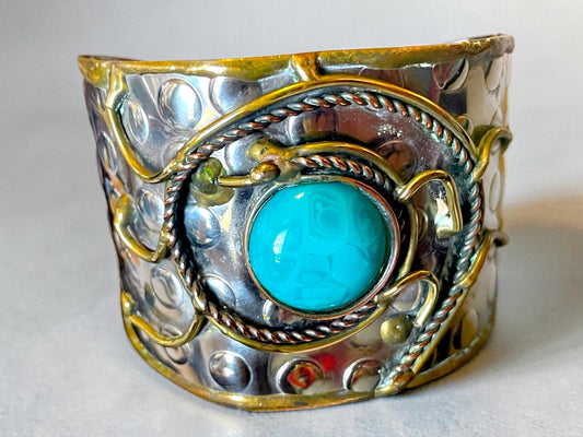 Brutalist Turquoise Art Glass Copper, Brass & Silver Wide Hammered Cuff Bracelet