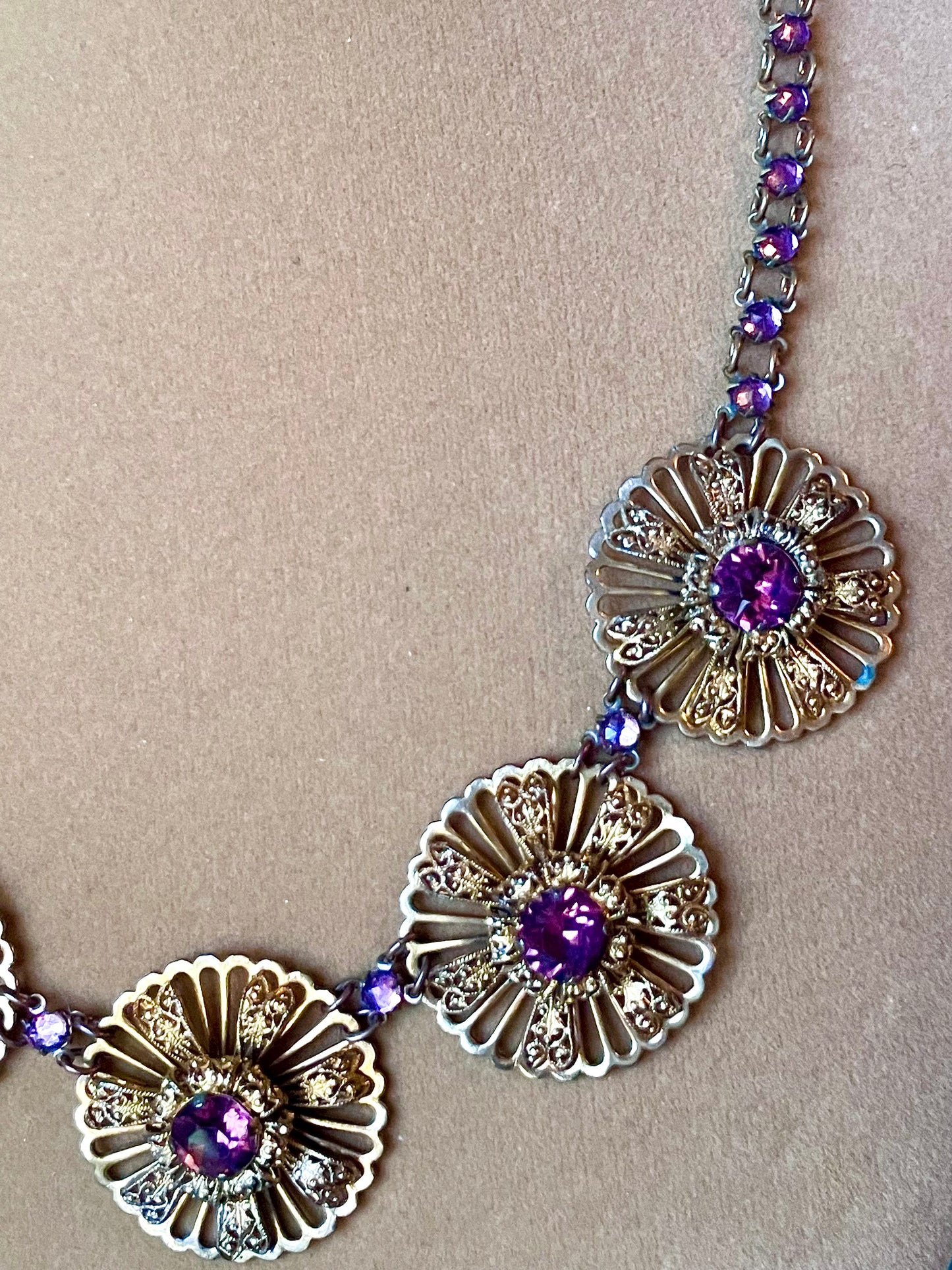 Victorian Book Link Purple Crystal Brass Filigree Choker Necklace