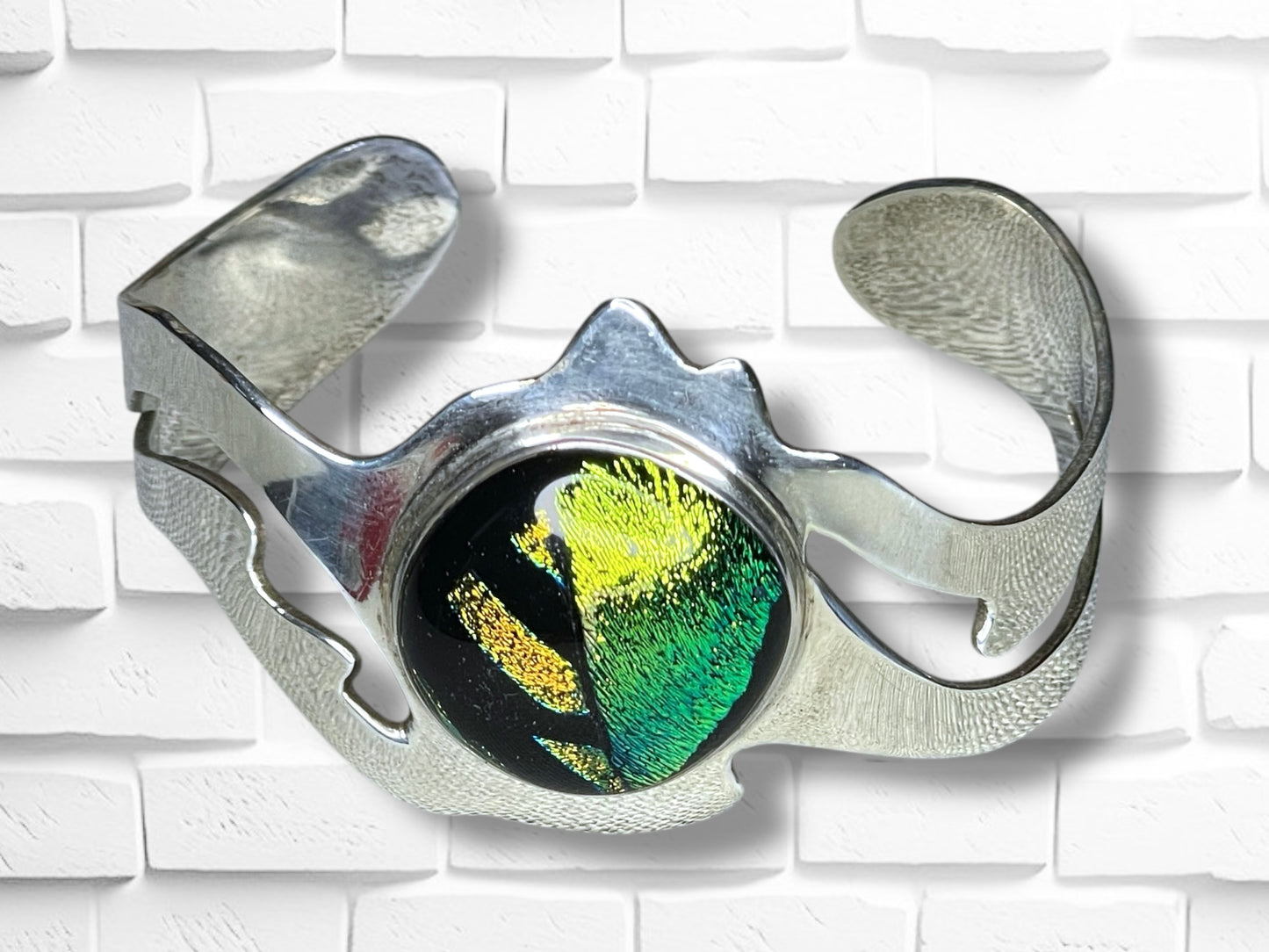 Vintage Sterling Silver Dichroic Glass Abstract Taxco Mexico Cuff Bracelet