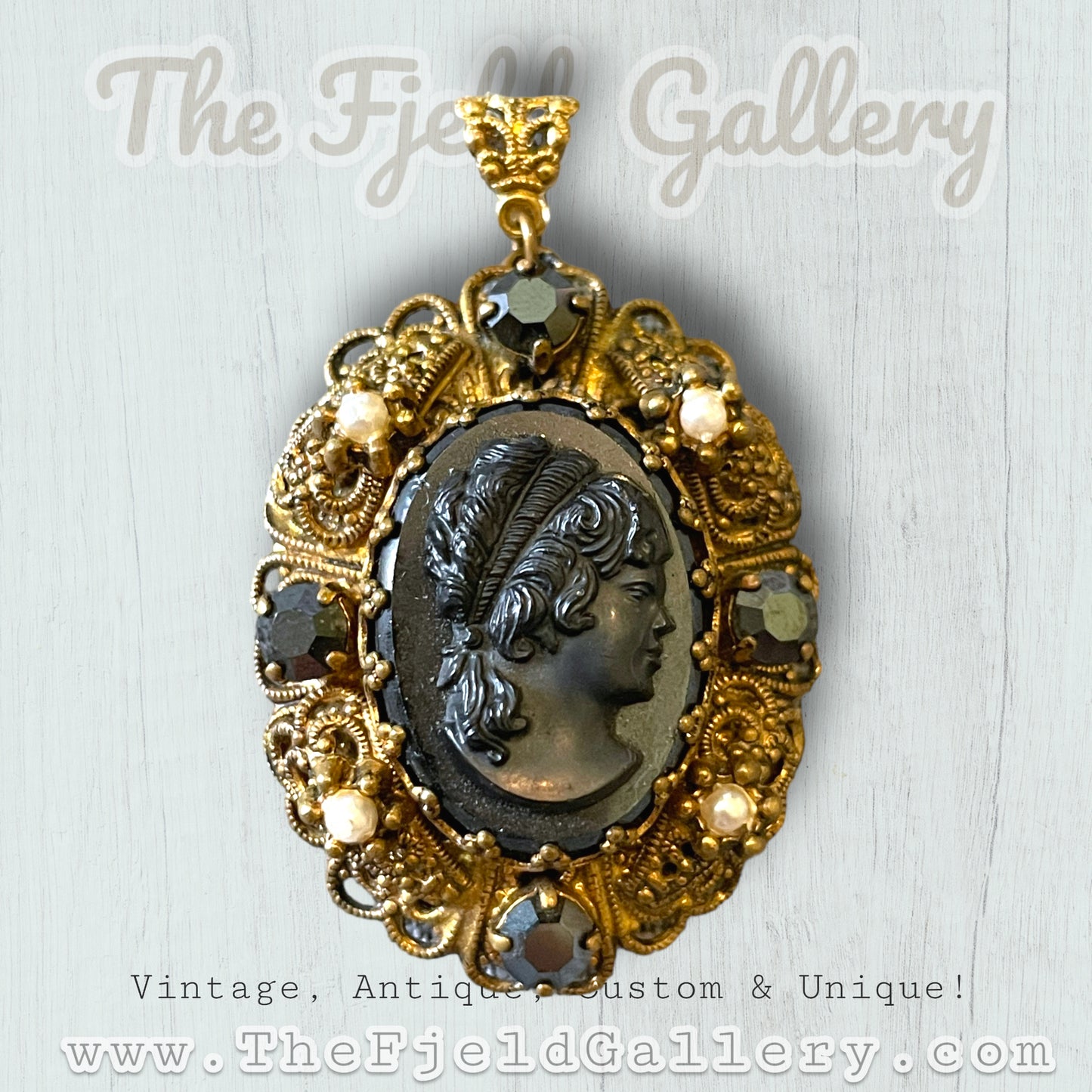 Wet German Black Hematite Glass Cameo with Pearls & Black Crystals Bezel Set in Gold Brass Filigree