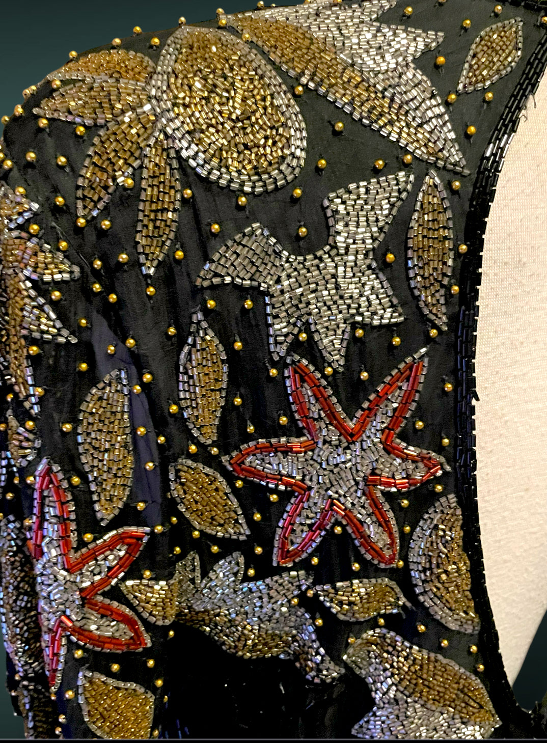 Vintage 1980’s Silk NYE Gold Silver Red & Black Glass Bead Short Dress