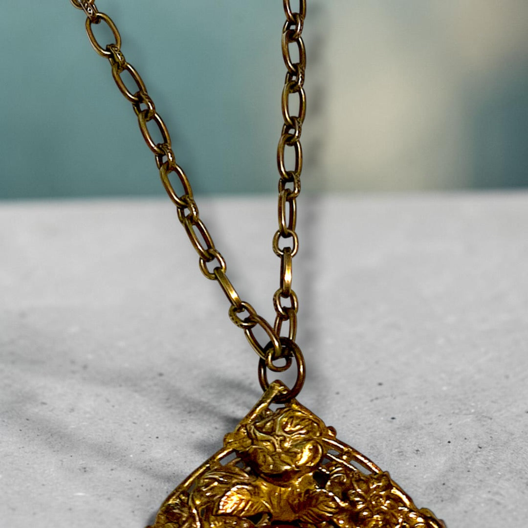 Huge Red & Black Art Glass Cameo Gilded Brass Repoussé Art Nouveau Floral Frame Pendant Necklace