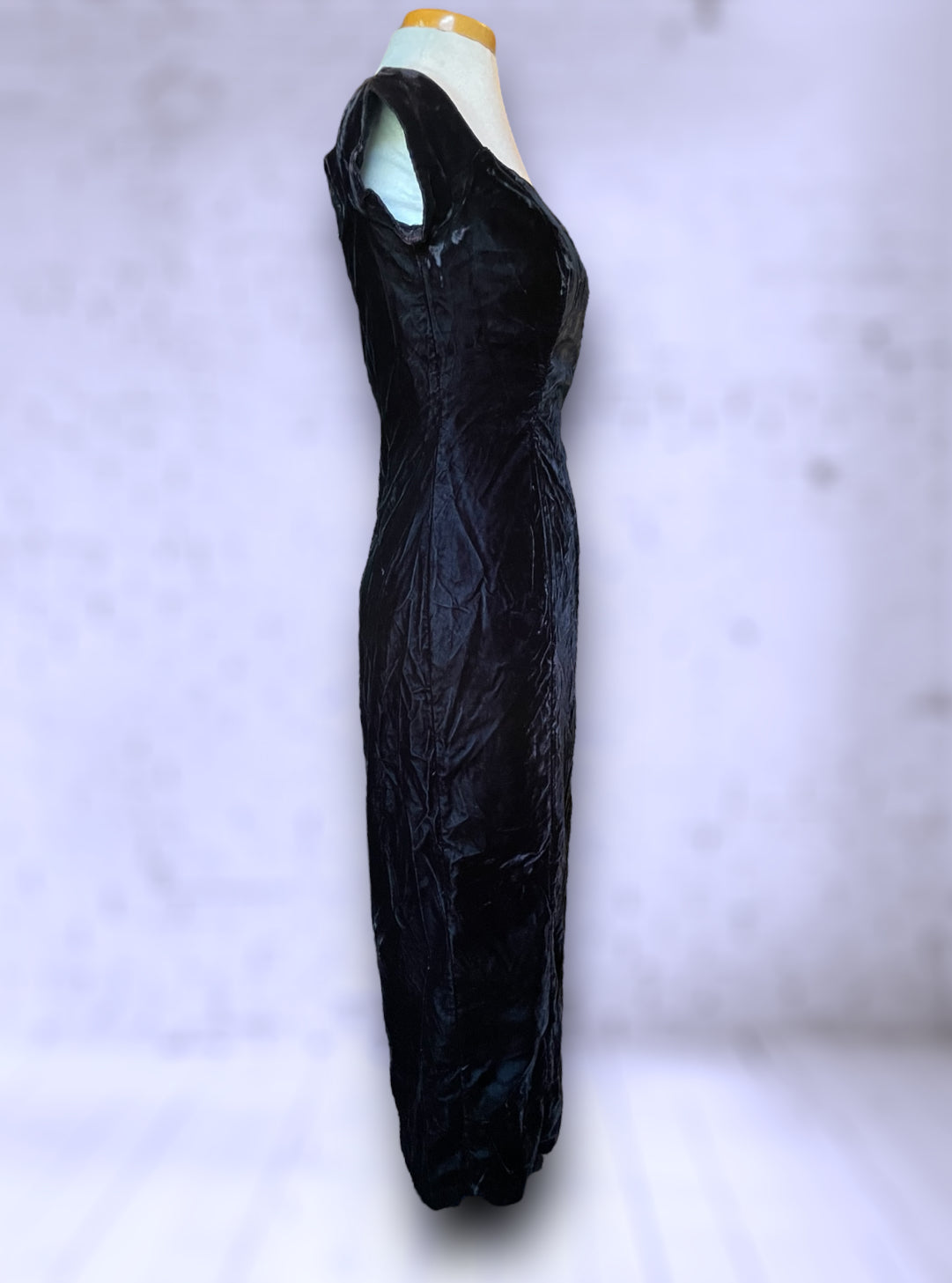 Vintage 1980’s Black Crush Velvet Off the Shoulder High Slit Dress