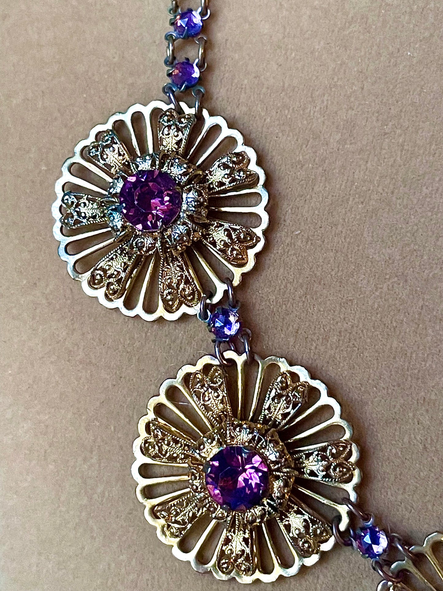 Victorian Book Link Purple Crystal Brass Filigree Choker Necklace