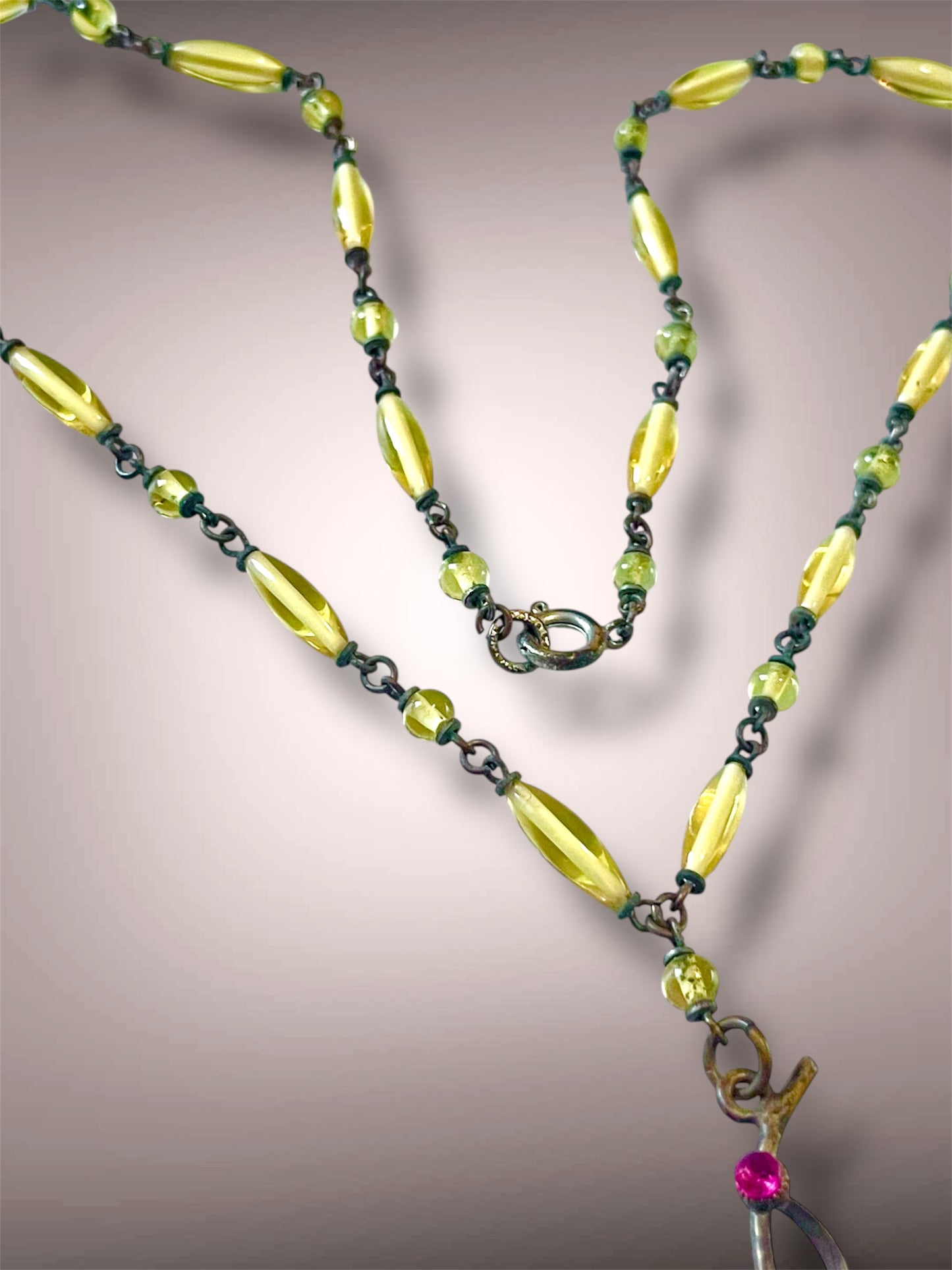 Art Nouveau Czech Cloisonné Yellow & Purple Flower, Leaves & Pink Crystal Yellow Glass Bead Y Drop Lavaliere Necklace