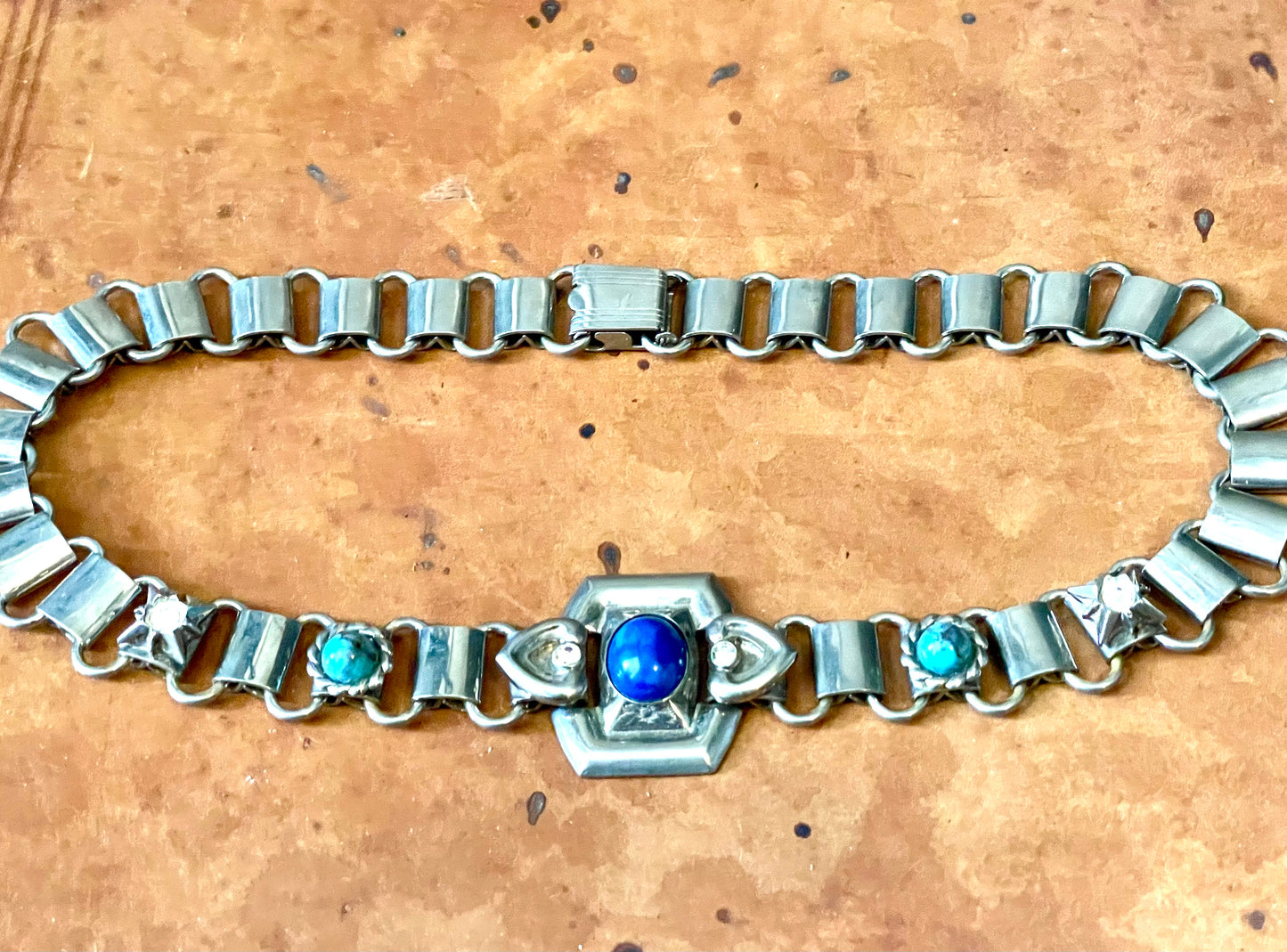 Victorian Chunky Silver Book-link Chain, Blue Lapis & Turquoise Art Glass & Crystal Rhinestone Collar Necklace