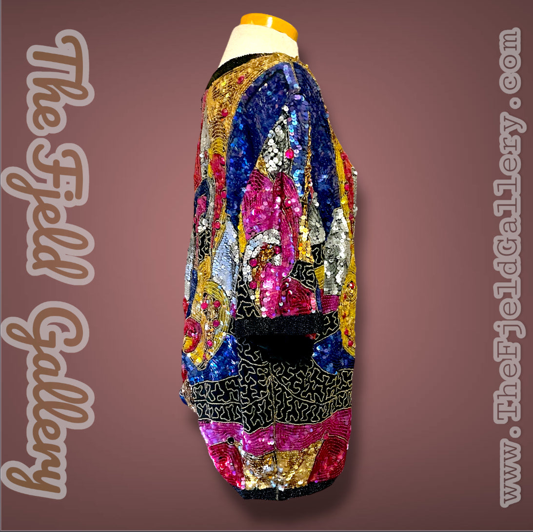 1970’s 100% Silk Sequin, Glass Seed Bead & Rhinestone Abstract Rainbow Top