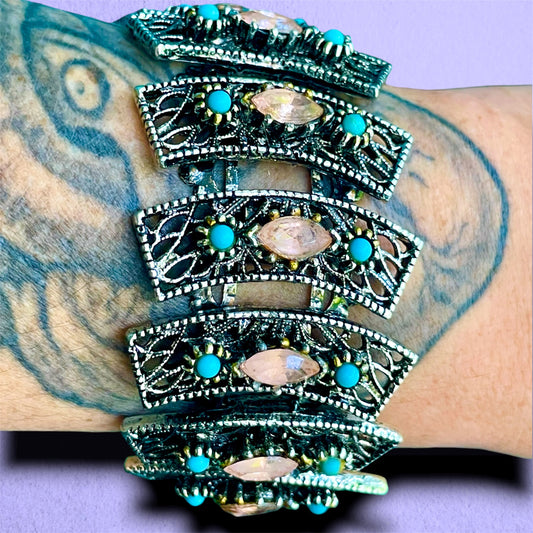 Victorian Booklink Chain Silver Filigree Openwork Pink Crystal & Turquoise Art Glass Panel Bracelet