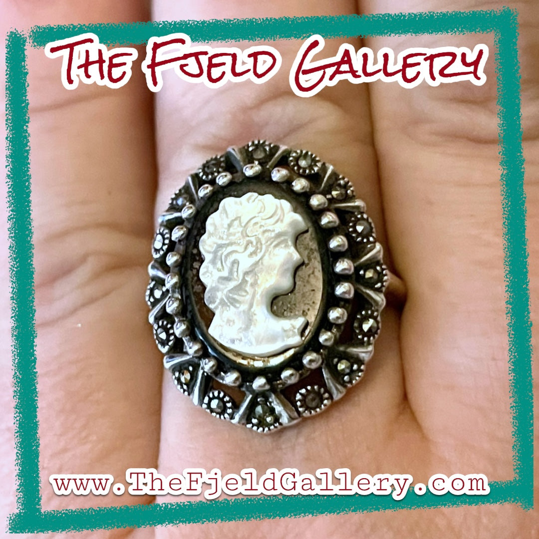 Art Deco Onyx & Mother of Pearl Cameo Sterling Silver & Marcasite Ring