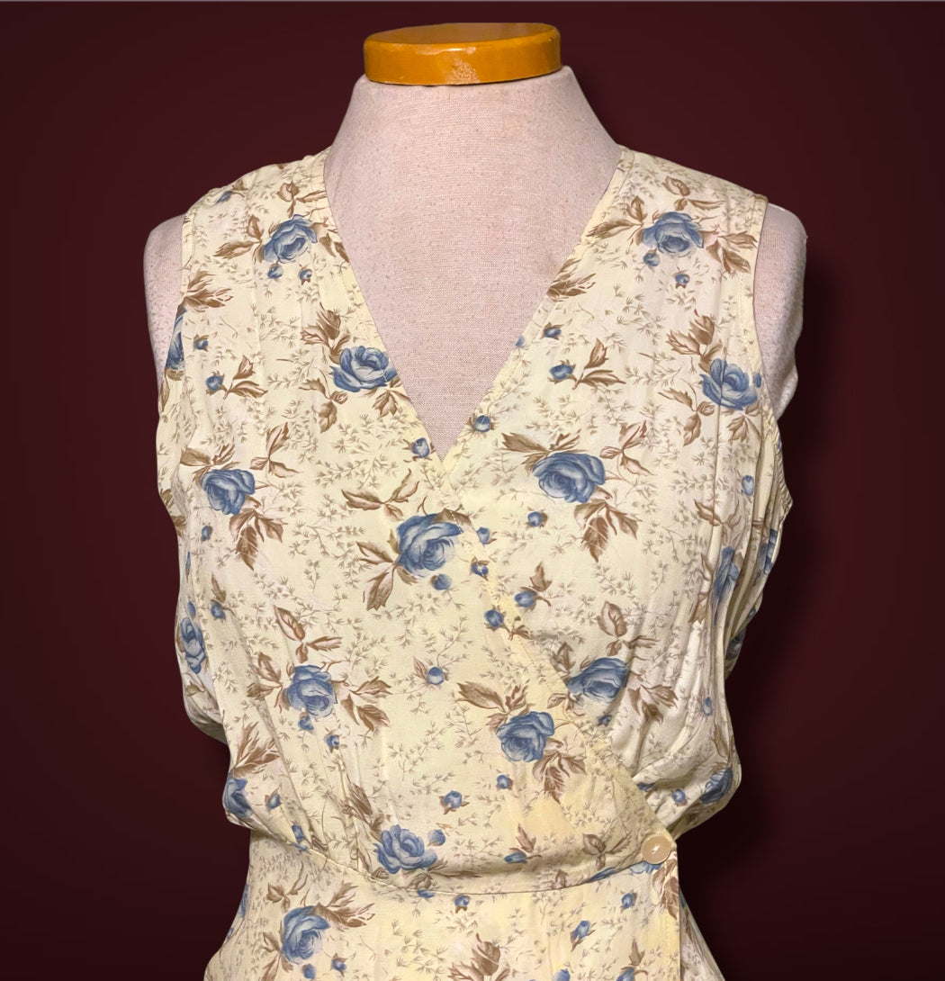 1990’s GAP Pale Yellow & Blue Floral Sleeveless Maxi Wrap Dress sz XS