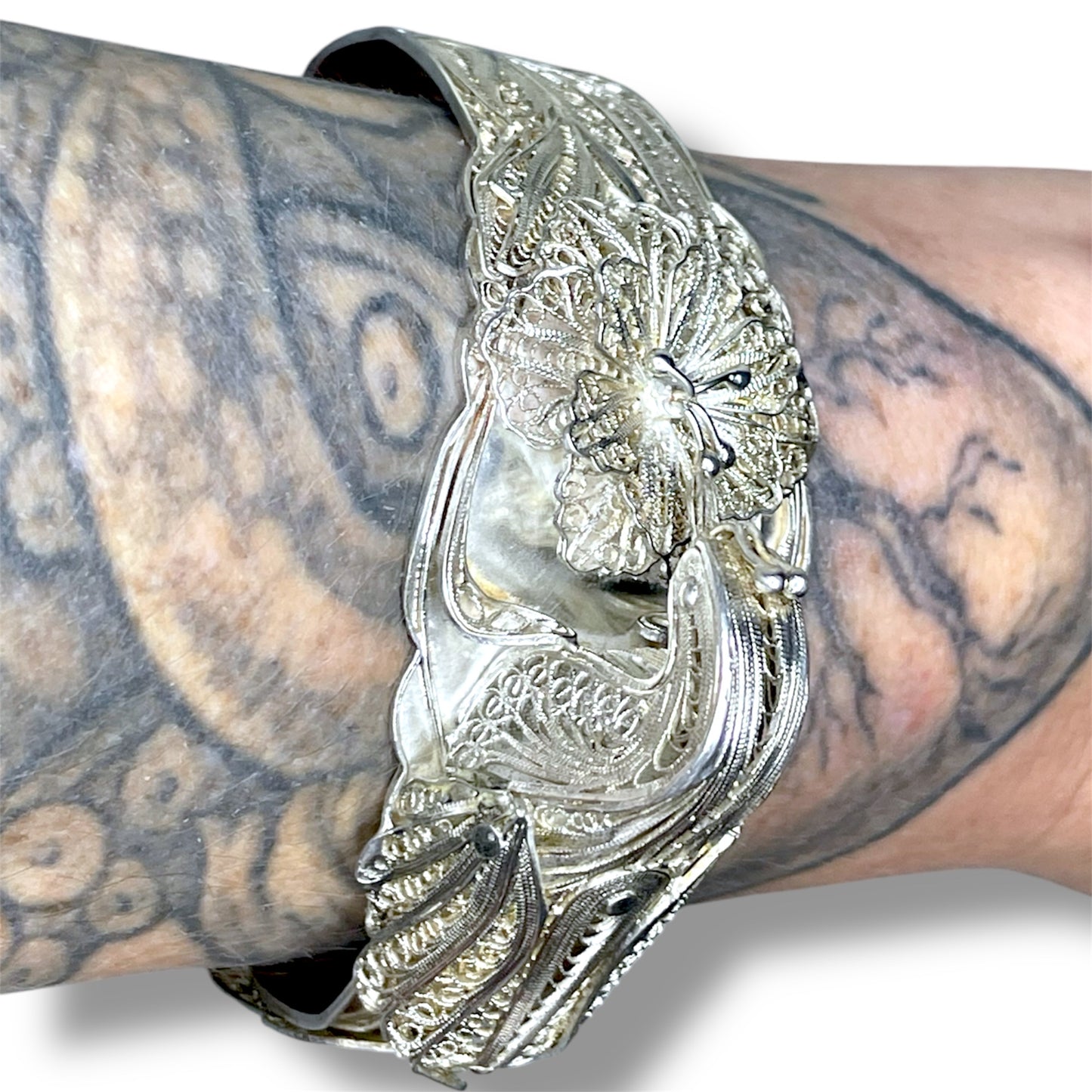 Incredible Sterling Filigree Peacock & Flower 3D Cuff Bracelet