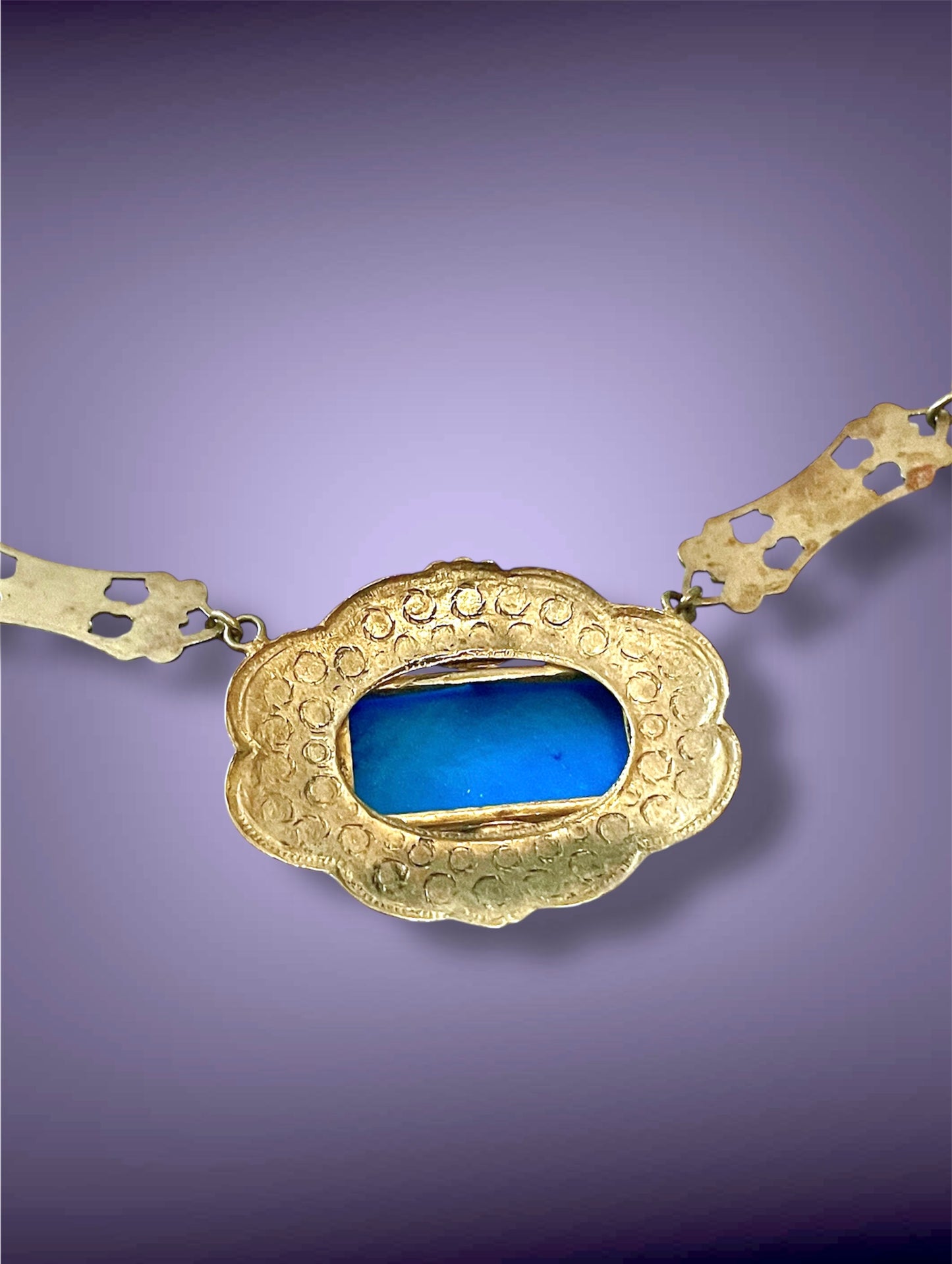 Czechoslovakian Brass Art Nouveau Floral & Flourish Lapis Blue Art Glass & Sapphire Crystal Necklace