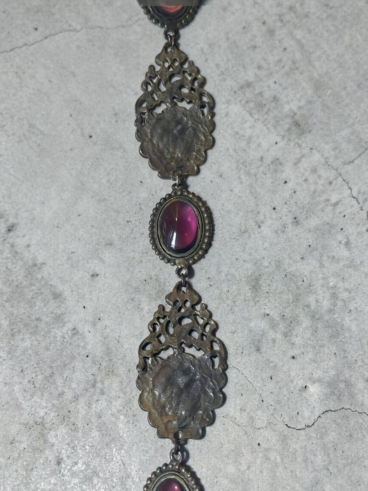 Art Nouveau Woman’s Face Flowing Hair Brass Purple Art Glass Long Necklace