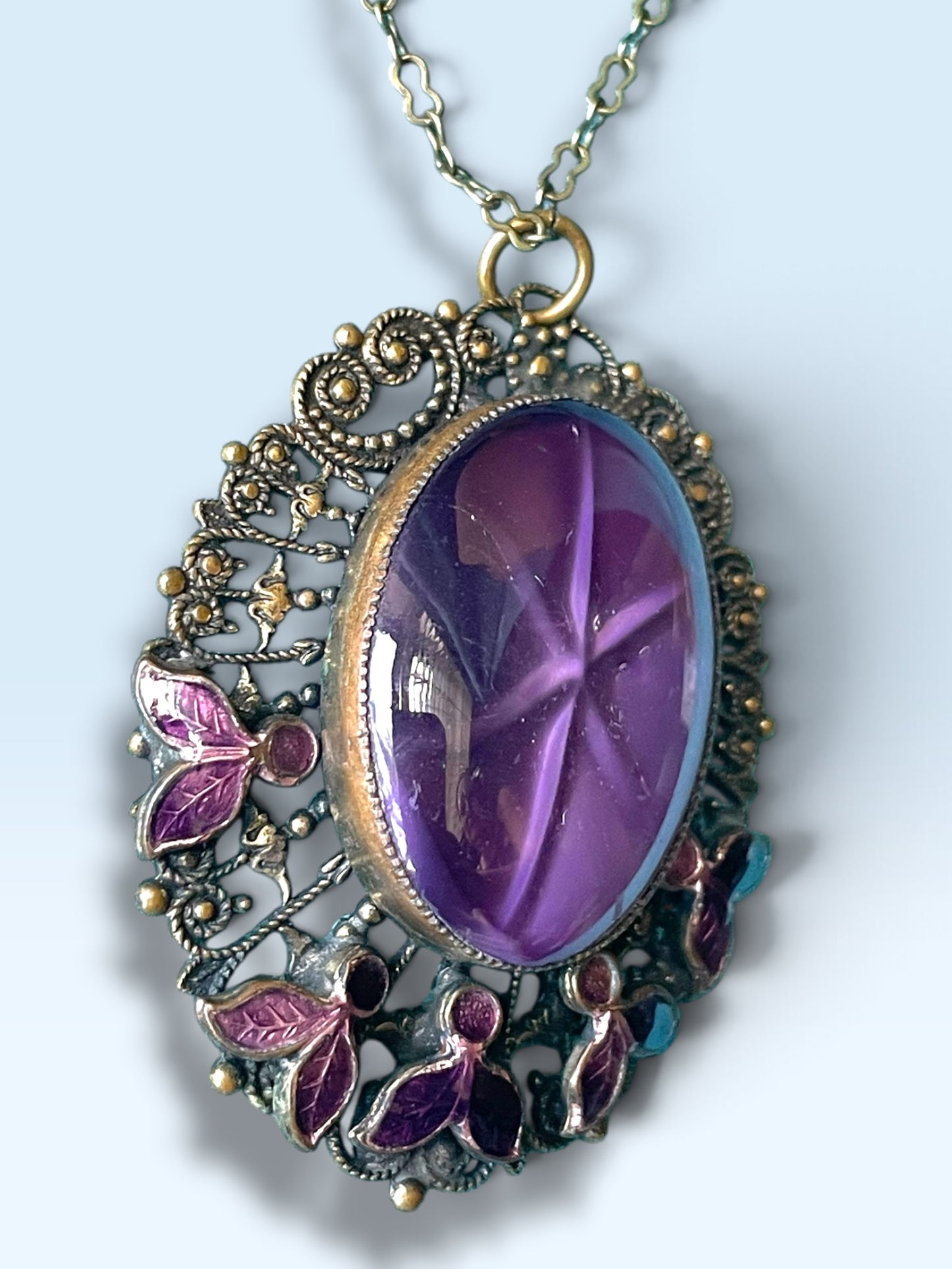 Art Nouveau Nieger Brothers Purple Cat Eye Star Art Glass Enamel Flower Brass Filigree Necklace