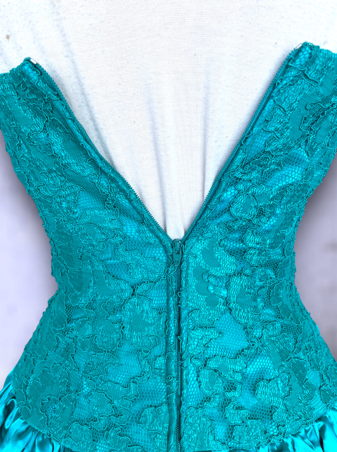 1980’s Turquoise Satin & Lace Strapless Poofy Short Skirt Big Bow Party Dress