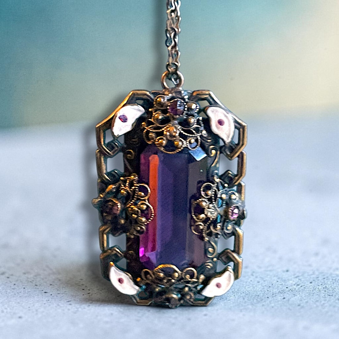 Art Nouveau Neiger Brothers Purple Crystal & Enamel Brass Filigree Necklace