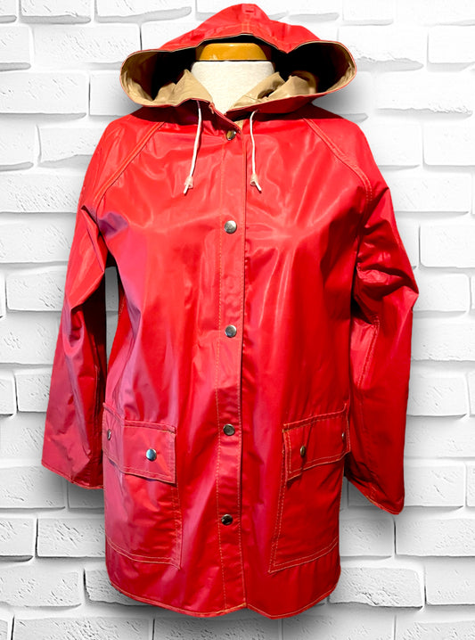 Vintage Reversible Red & Beige Hooded Raincoat Jacket