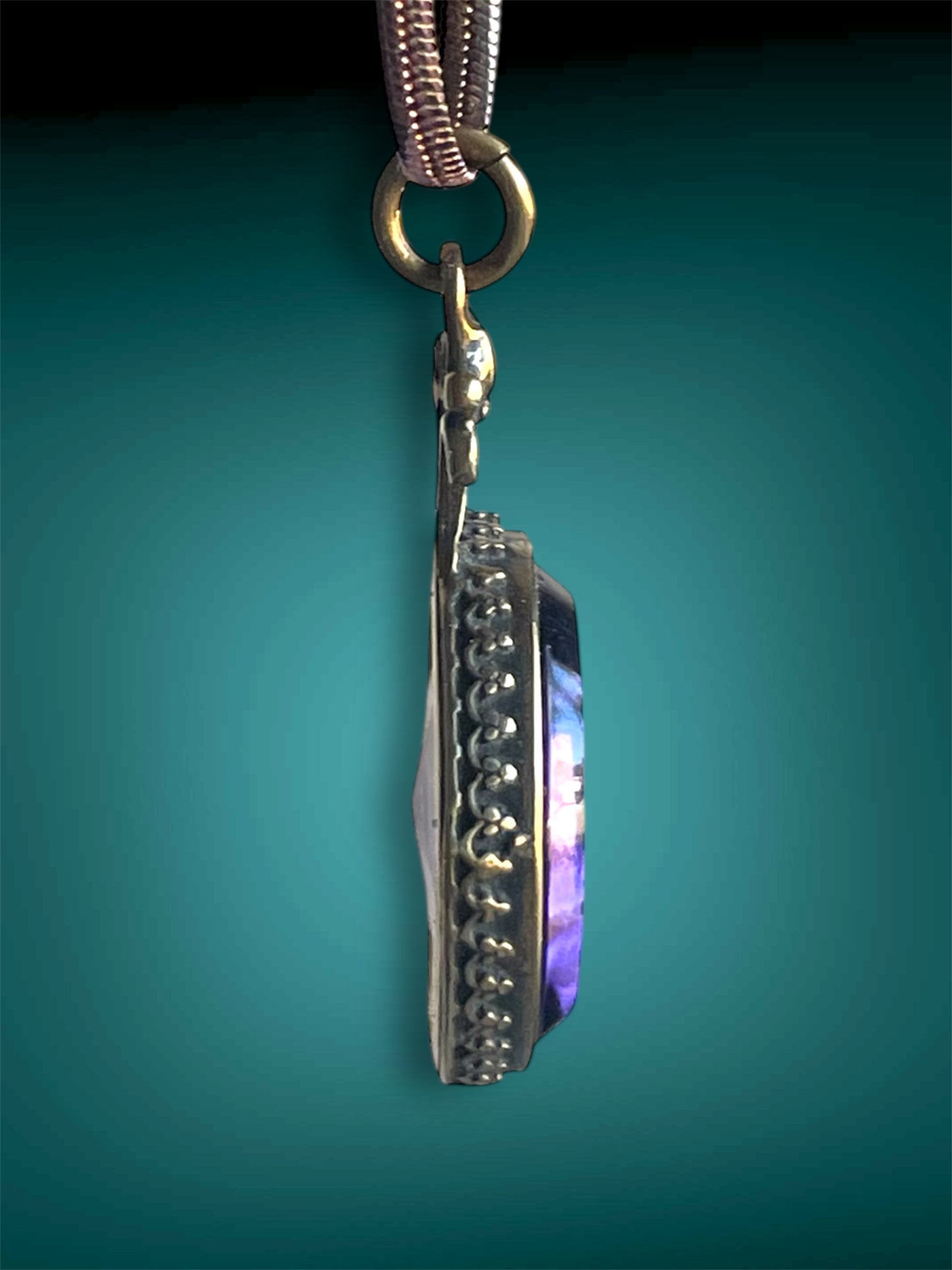 Art Nouveau Brass Scarab Set Purple Faceted Glass Intaglio Cameo Pendant Necklace